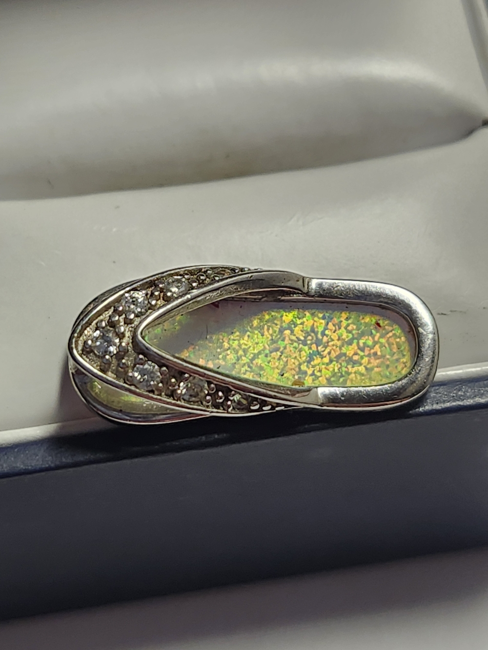Rhodium Over 925 Silver Inlaid Opal CZ Hawaiian Slipper Slide Pendant